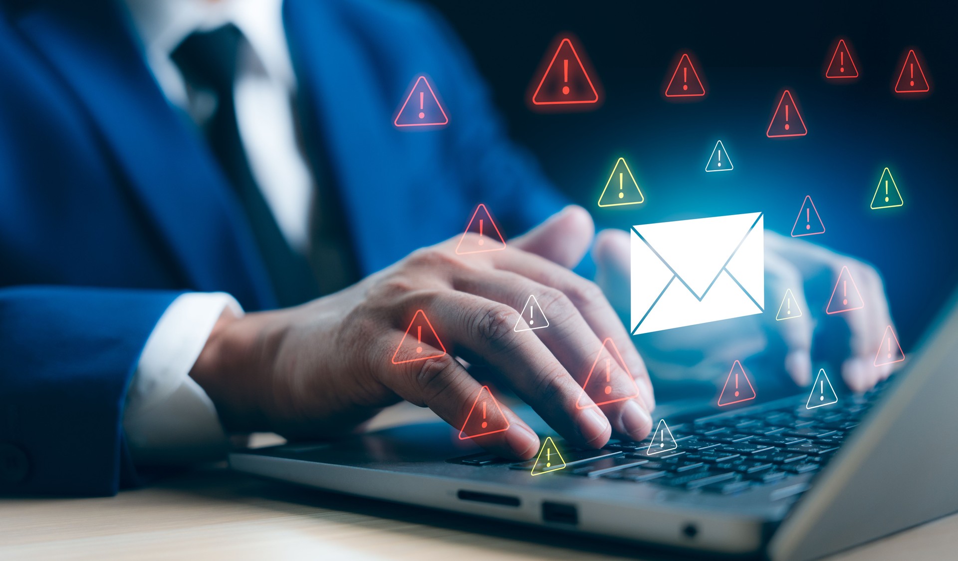 Un homme d’affaires travaillant sur un ordinateur portable ouvre un e-mail avec un triangle avertissement signe d’avertissement pour la notification erreur et concept de maintenance, sécurité du réseau, virus informatique détecté, protection des d