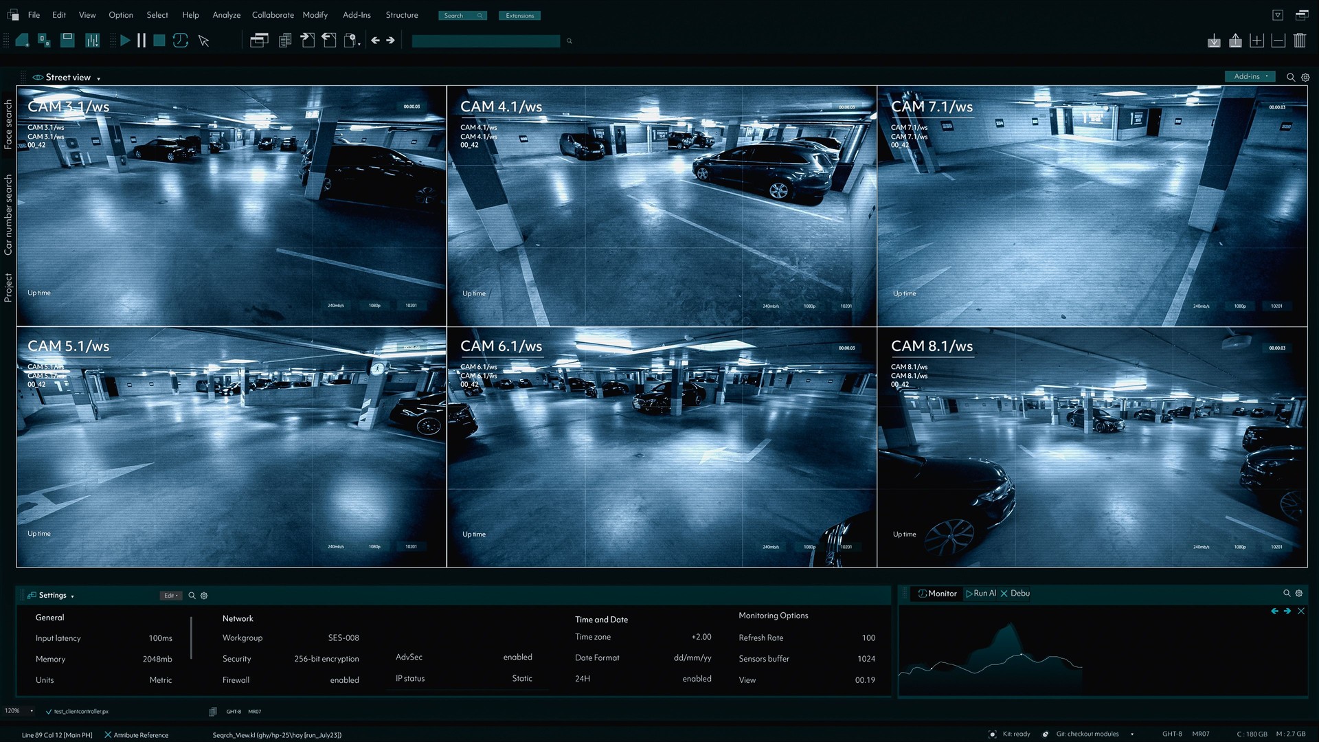 Images de vidéosurveillance CCTV, plusieurs écrans montrent un garage souterrain sécurisé. Maquette de haute technologie sur la sécurité et la protection des données. Modèle de remplacement d’écran pour les écrans d’ordinateur